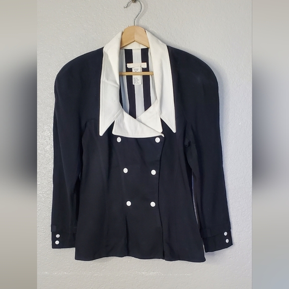 💚5/$25 Black & White Button Fitted Taylored Double-Breasted Blazer Jacket - Picture 1 of 6